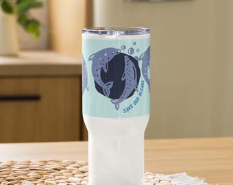 Tazza da Viaggio con Manico Save Our Oceans, Tazza Termica Delfini, Bicchiere Acciaio Inox Mare, Regalo Ecologista Sostenibile 25oz