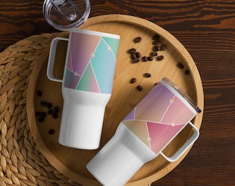 Pastel Geometric Travel Mug with Handle, Abstract Aesthetic Coffee Tumbler, Minimalist Teal and Pink Cup, Cute Modern Gift for Her 25oz
