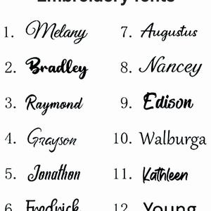Embroidery name options list for personalized baby diaper backpack