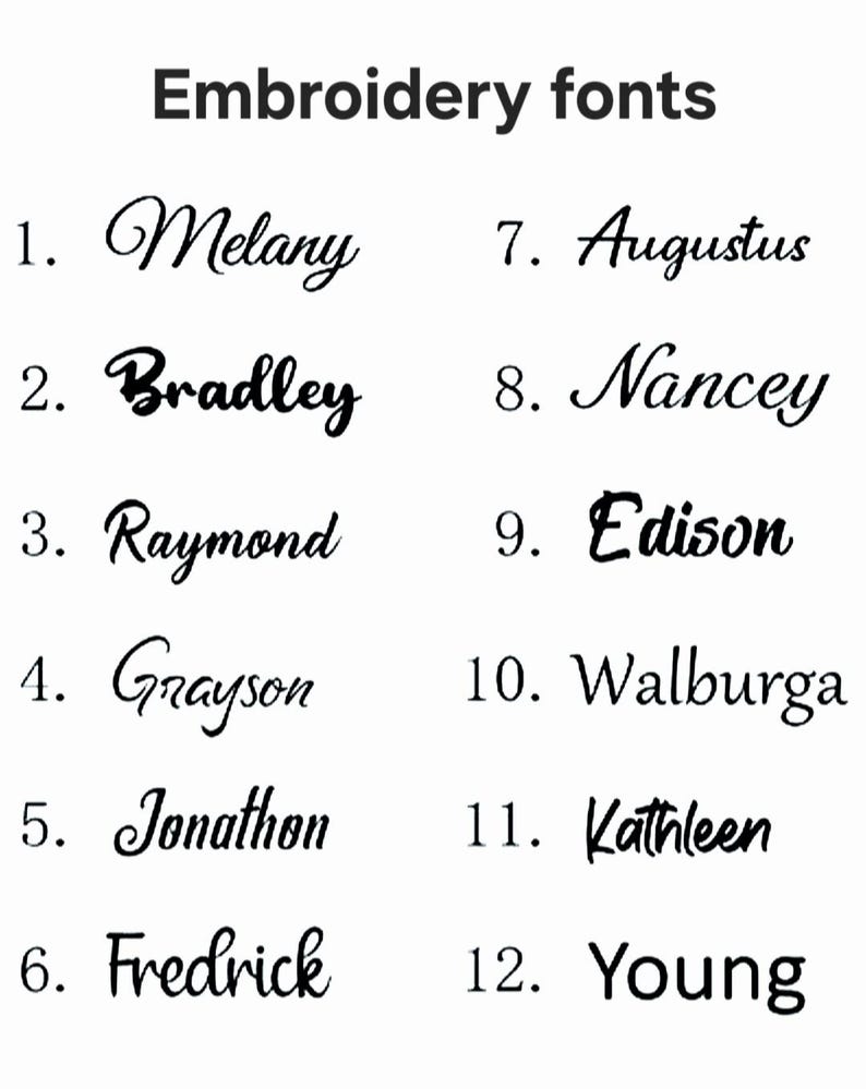 Embroidery name options list for personalized baby diaper backpack