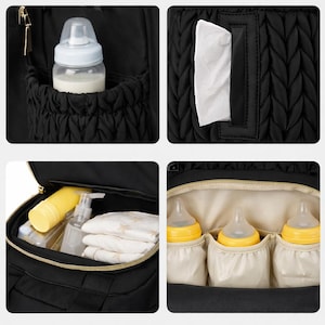 Inside view of diaper backpack showing insulated bottle pockets and organized compartments