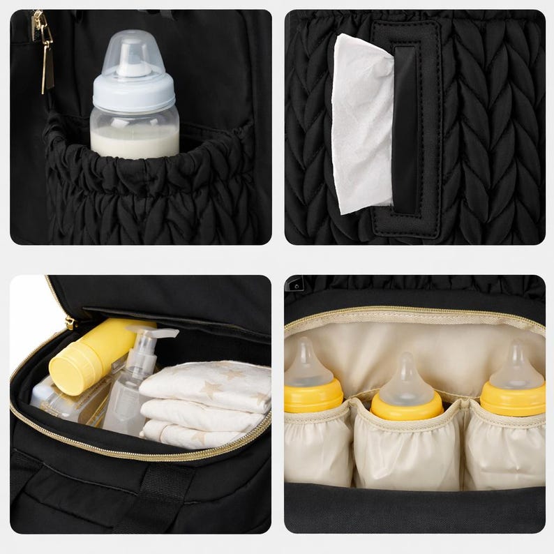 Inside view of diaper backpack showing insulated bottle pockets and organized compartments