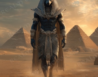 May include: Digital artwork of Anubis, the Egyptian god of the afterlife, walking in a desert landscape. Anubis is depicted with a black body, gold accents, and a jackal head. Pyramids are visible in the background under a sunset sky.