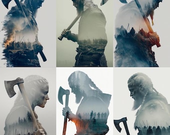 Viking Warrior Double Exposure Art Prints | Nordic Decor (Set of 12)
