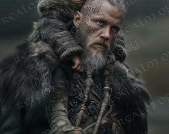 Viking Father & Child Digital Download, Norse Warrior Poster Printable Wall Art, Nordic Family Portrait, Instant Print Home Decor