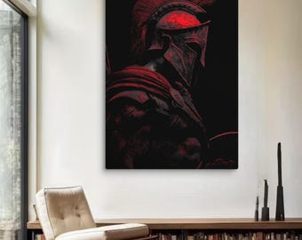 Large Spartan Warrior Canvas Print, Red & Black Gladiator Wall Art