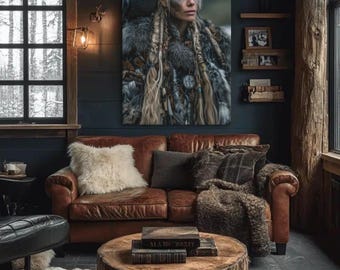 Viking Shieldmaiden with Raven Canvas Wall Art – Norse Mythology Warrior Woman Wall Decor, Nordic Home Decor