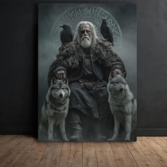 Odin Wall Art Canvas Print, Norse Mythology Decor, Viking God Artwork, Fantasy Wall Decor, Raven and Wolf Home Art