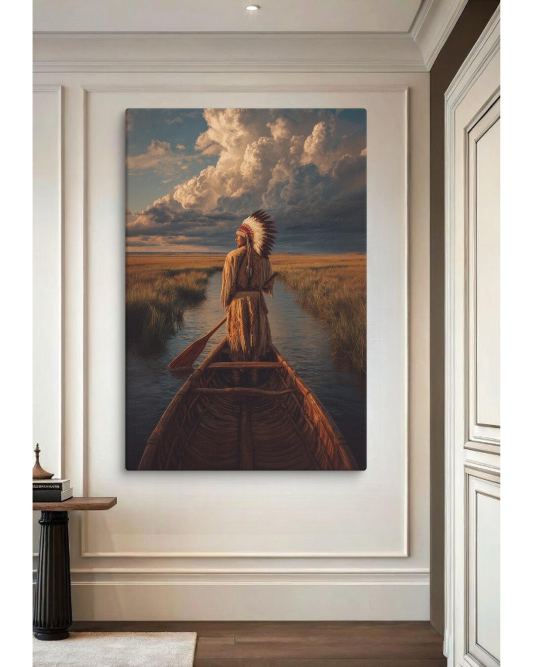 Large Native American Canoe Canvas, Feather Headdress Warrior Paddling ...