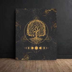 May include: A black canvas print featuring a gold-colored tree of life design within a circle, geometric shapes, and moon phases. The artwork has a textured appearance with gold accents, creating a mystical and spiritual aesthetic.