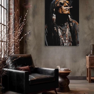 Native American Wandbild auf Leinwand, Indigenous Porträt Deko, Western Rustikal Kunstwerk, Moody Boho Wanddeko