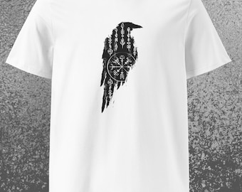 Koszulka z wikingami, koszulka z krukiem Vegvisir, mitologia nordycka, kompas i kruk wikingów, skandynawski nadruk symboliczny, prezent dla fanów Wikingów