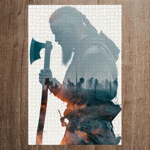 Holzpuzzle 1000 Teile Wikinger Axt Krieger – Double Exposure Wald & Schlacht, Epische Nordische Mythologie, Geschenk | Viking Axe Puzzle
