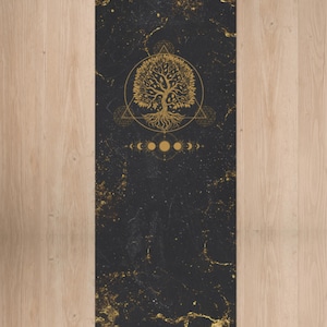 Yggdrasil Tree of Life Yoga Mat, Norse Viking Workout Mat, Sacred Geometry, Black & Gold Celestial Nordic Meditation Mat