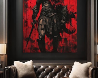 Spartan Warrior Canvas Print, Red & Black Ancient Greek warrior Art, Man Cave Decor