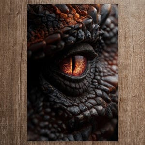 Könnte beinhalten: Nahaufnahme eines Puzzles mit einem Drachenauge. Das Auge ist feuerrot-orange, mit einer dunklen Pupille. Die umgebenden Schuppen sind dunkelgrau und braun und erzeugen ein strukturiertes Aussehen. Das Puzzle liegt auf einer Holzoberfläche.