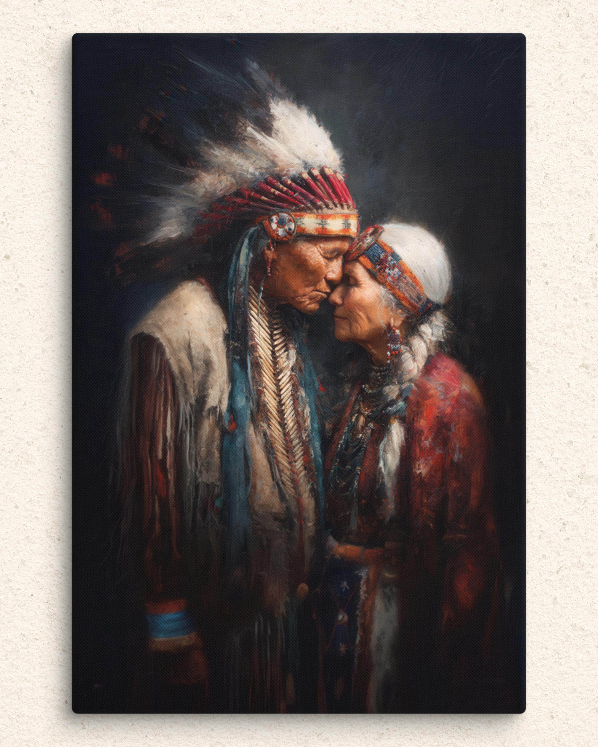 Native American Couple Canvas Wall Art, Tribal Love Portrait