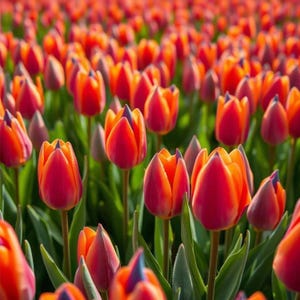 Könnte beinhalten: Ein Feld mit leuchtend roten und orangefarbenen Tulpen in voller Blüte. Die Blüten haben einen Farbverlauf, von tiefroter Basis zu leuchtend orangefarbenen Rändern. Grüne Blätter und Stiele bilden einen Kontrast.
