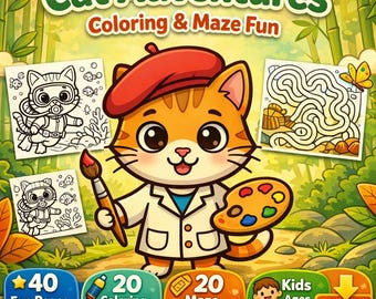 Cat Adventures Mal- und Labyrinthbuch - 40 Kinderaktivitätsseiten (4-8 Jahre) (druckbare PDF)