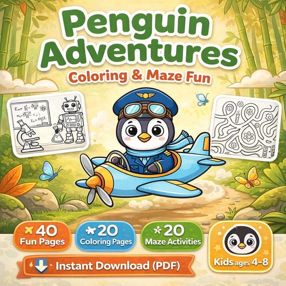 Penguin Adventures Coloring & Maze Book – Screen-Free Kids Activity (PDF Download, Ages 4-8)