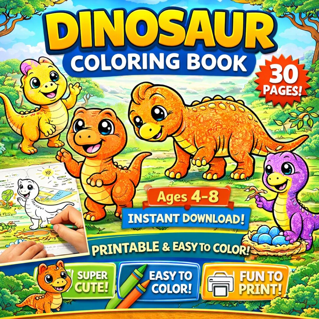 Dinosaur Coloring Book | 30 Printable Pages, Kids Activity (PDF ...