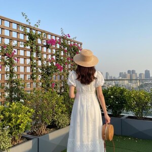 Vintage Victorian White Midi Dress French Lace Puff Sleeve Cottage-core Princess Outfit Line Gown image 8