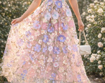 French Elegant Formal Tulle Dress, Colorful Flower Embroidery, Sleeveless Chic Slim Bustier Luxury