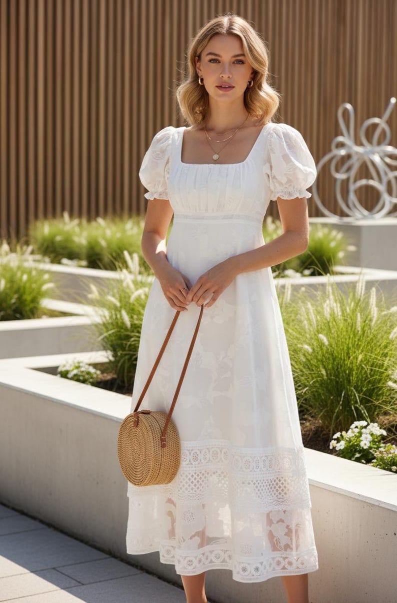 Vintage Victorian White Midi Dress French Lace Puff Sleeve Cottage-core Princess Outfit Line Gown image 5
