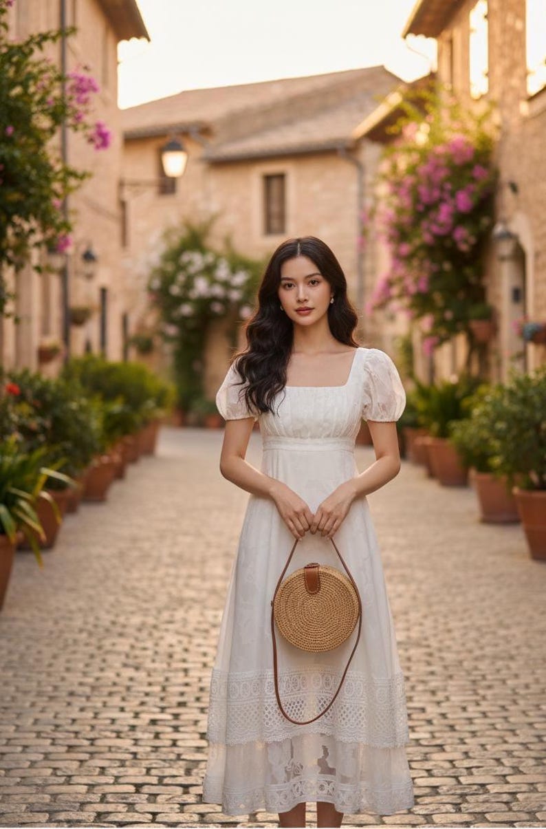 May include: A white midi dress with a square neckline and short, puffed sleeves. The dress features a detailed lace hem and is paired with a round, woven handbag with a leather strap. The scene is set on a cobblestone street.