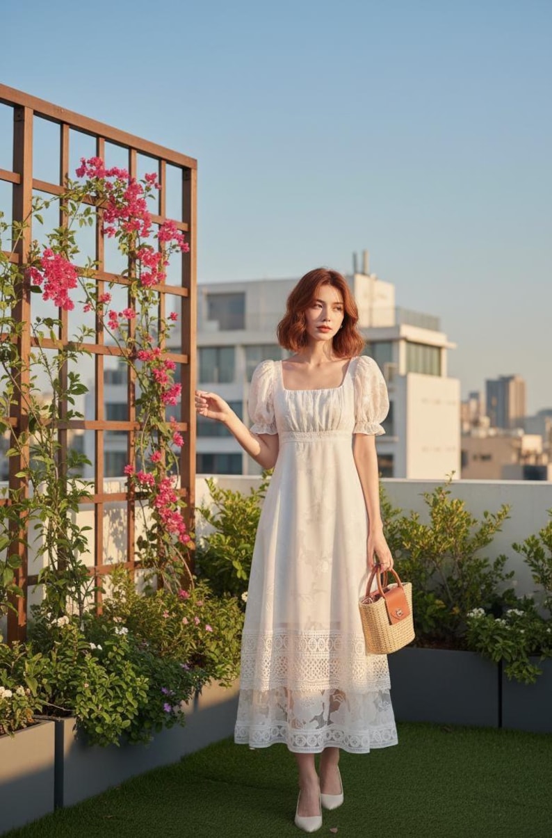 May include: A white midi dress with a square neckline and short, puffed sleeves. The dress features a floral pattern and a lace hem. A small woven handbag with a brown leather handle is held. The background includes a wooden trellis with pink flowers.