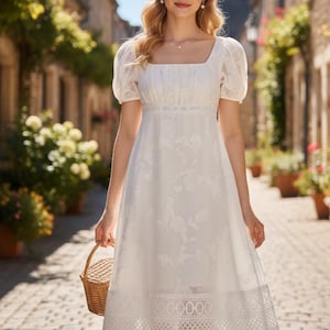 Vintage Victorian White Midi Dress French Lace Puff Sleeve Cottage-core Princess Outfit Line Gown image 1
