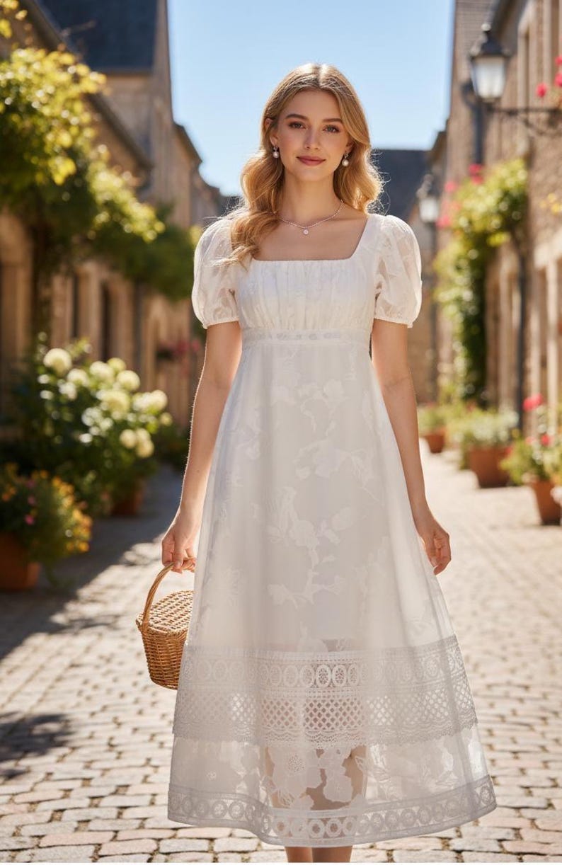 Vintage Victorian White Midi Dress French Lace Puff Sleeve Cottage-core Princess Outfit Line Gown image 1