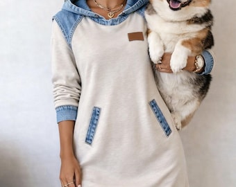 Women’s Denim Hoodie Dress, Casual Hooded Sweatshirt Pullover, Long Sleeve with Pockets, Fall Outfit