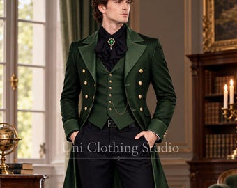 Men’s Emerald Green Victorian Tailcoat, Regency Style Long Coat, Gothic Steampunk Suit, Edwardian Frock Coat, Custom Made Formal Costume