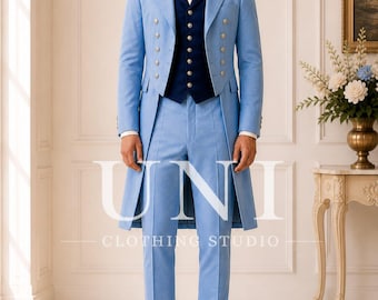 Herren Regency Frackanzug - Vintage formelles Outfit, Blauer Hochzeitsanzug, historisches Kostüm, Bräutigam Kleidung, Herrenbekleidung im viktorianischen Stil
