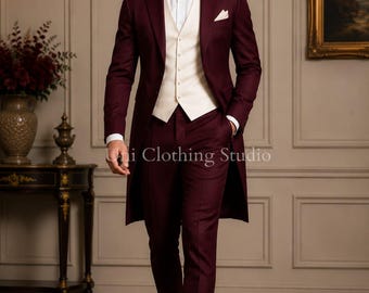 Burgundy Tailcoat Suit for Men – Victorian Formal Tuxedo Set, Groom Wedding Outfit, Cream Waistcoat, Vintage Prince Coat, Royal Prom Suit