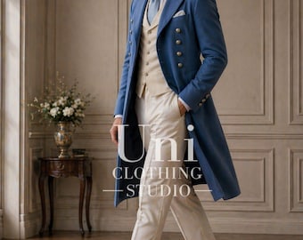 Traje de frac azul estilo Regencia para hombre – Atuendo de boda vintage para novio – Chaleco beige – Traje clásico aristocrático para graduación