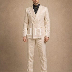 Men's Ivory Double-Breasted Suit, Slim Fit Wedding Groom Tuxedo, Formal 3-Piece Outfit
