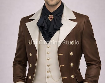 Terno masculino marrom estilo vitoriano com fraque e colete creme, traje formal steampunk para casamento.