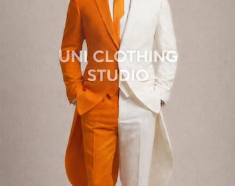 Men’s Two-Tone Tailcoat Suit – Orange & White Split Tuxedo, Modern Groom Wedding Suit, Statement Formal Wear, Custom Prom Outfit