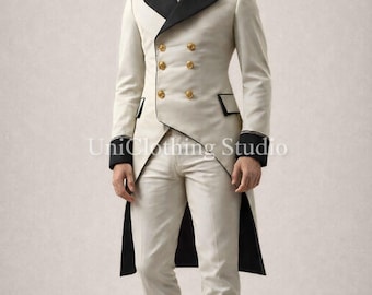 Men’s Ivory Tailcoat Tuxedo – Elegant Groom Suit, Double Breasted Formal Wear, Luxury Wedding Outfit, Classic Royal Design