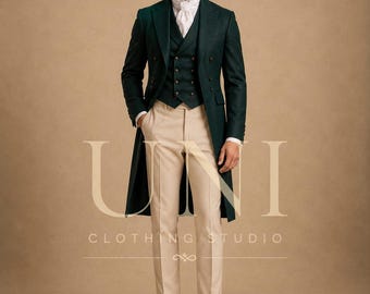 Mens Victorian Tailcoat Suit, Emerald Green Regency Wedding Outfit, Double Breasted Groom Tuxedo, Formal Frock Coat Ensemble