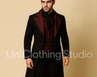 Black Regency Tailcoat Suit, Burgundy Lapel Tuxedo Coat, Victorian Inspired Formal Suit, Gothic Steampunk Wedding Outfit, Custom Made Suit