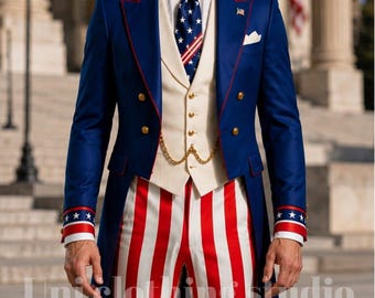Pak patriottische Uncle Sam voor heren, rokkostuum Amerikaanse vlag, rood wit blauw trouwpak, Fourth of July-outfit, VS-thema formele kleding