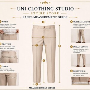 以下が含まれることがあります： UNI CLOTHING STUDIO ATTIRE STOREのベージュのパンツ採寸ガイド。画像にはベージュのパンツが表示されており、ウエスト、ヒップ、太もも、外側の長さ、内側の長さ、裾幅の測定ポイントを示す番号付きの線が描かれています。