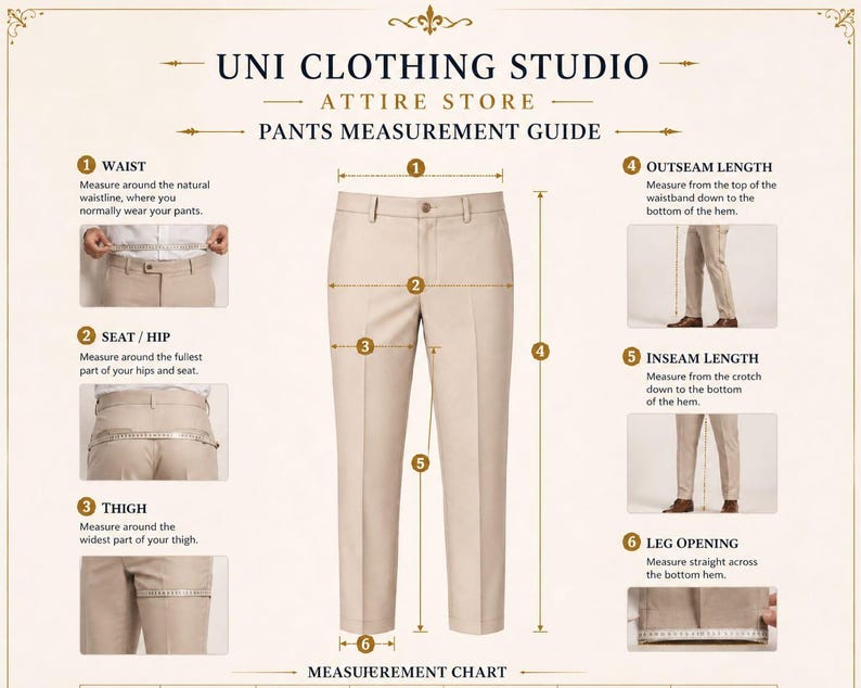 以下が含まれることがあります： UNI CLOTHING STUDIO ATTIRE STOREのベージュのパンツ採寸ガイド。画像にはベージュのパンツが表示されており、ウエスト、ヒップ、太もも、外側の長さ、内側の長さ、裾幅の測定ポイントを示す番号付きの線が描かれています。