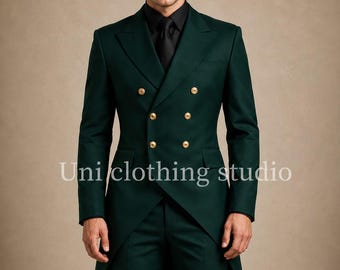 Terno verde esmeralda com fraque para homem – Smoking gótico para casamento, terno formal de abotoamento duplo, traje de noivo em estilo vitoriano