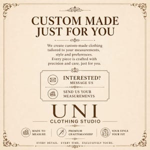 以下が含まれることがあります： CUSTOM MADE JUST FOR YOUと書かれたダークブラウンの文字があるベージュの案内板。メッセージ送信や採寸送付のセクションがあり、UNI CLOTHING STUDIOのサービスとして、オーダーメイドやプレミアムな職人技などが記載されています。