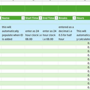 May include: A screenshot of a digital timesheet entry form in a spreadsheet program. The form includes fields for date, employee ID, name, start and end times, breaks, and hours. Instructions are included.