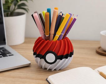 Pokeball Inspired Ribbed Pencil Holder – Modern Ribbed Desk Organizer for Pens & Art Supplies